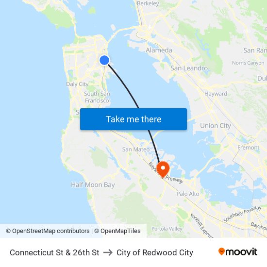 Connecticut St & 26th St to City of Redwood City map