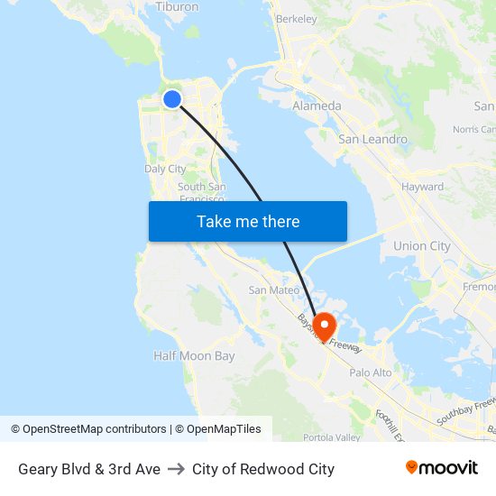 Geary Blvd & 3rd Ave to City of Redwood City map