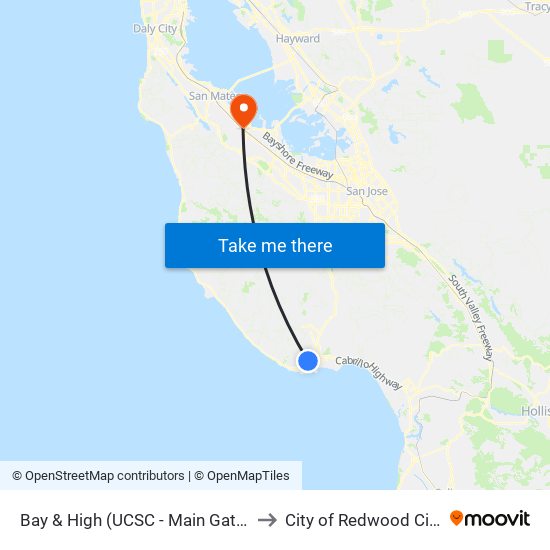 Bay & High (UCSC - Main Gate) to City of Redwood City map