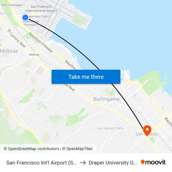 San Francisco Int'l Airport (SFO) to Draper University Gym map