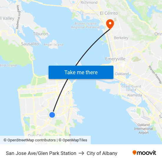 San Jose Ave/Glen Park Station to City of Albany map