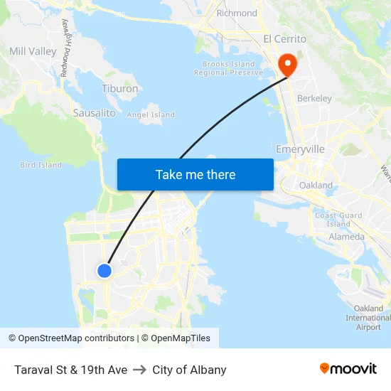 Taraval St & 19th Ave to City of Albany map
