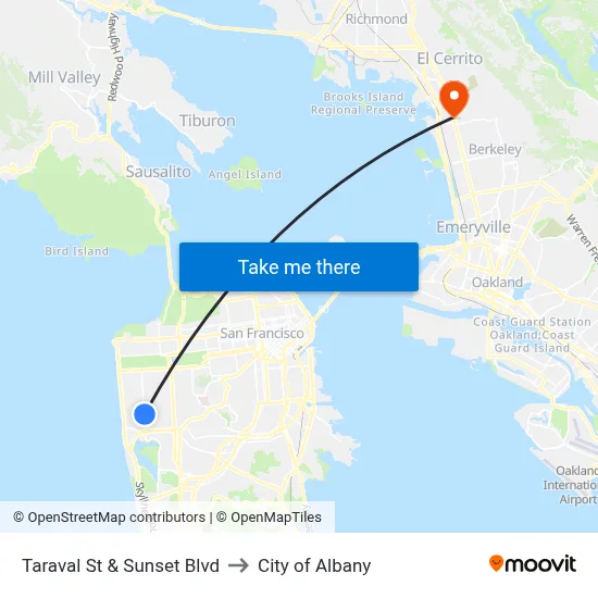 Taraval St & Sunset Blvd to City of Albany map