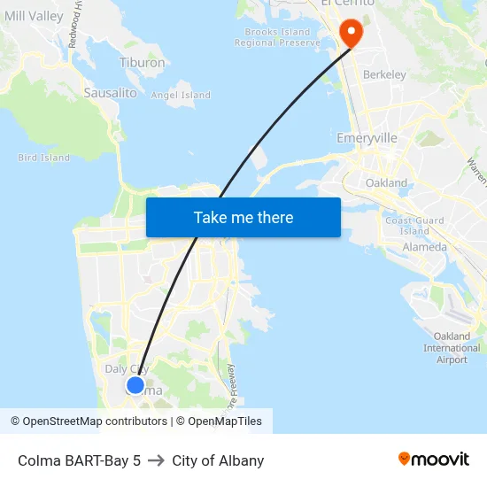 Colma BART-Bay 5 to City of Albany map