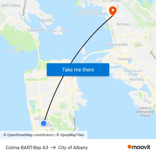 Colma BART-Bay A3 to City of Albany map