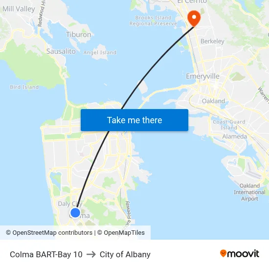 Colma BART-Bay 10 to City of Albany map