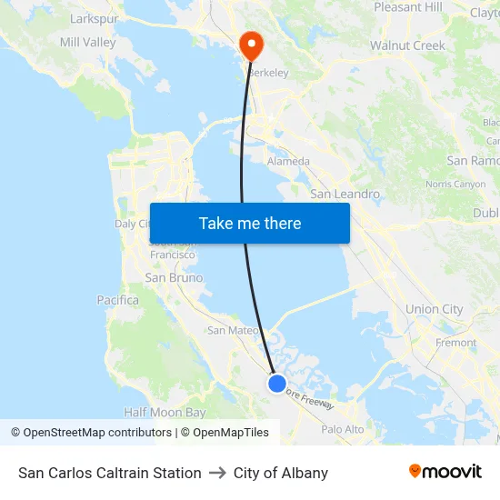 San Carlos Caltrain Station to City of Albany map