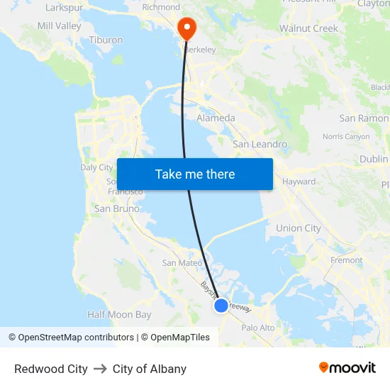 Redwood City to City of Albany map