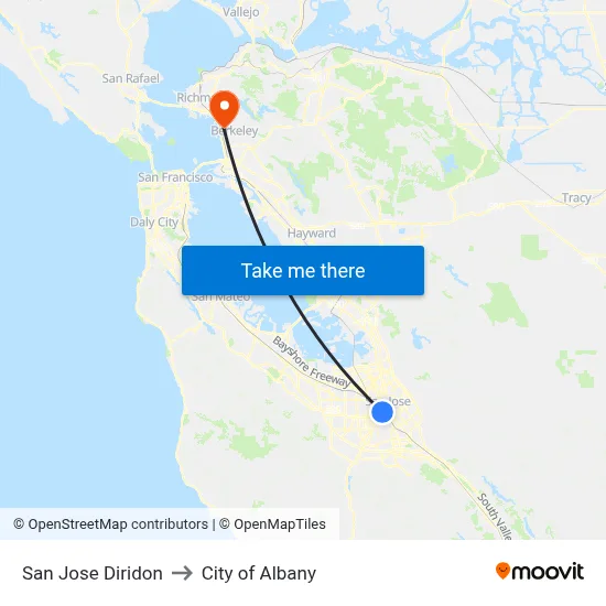 San Jose Diridon to City of Albany map