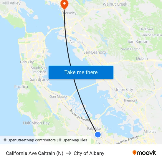 California Ave Caltrain (N) to City of Albany map