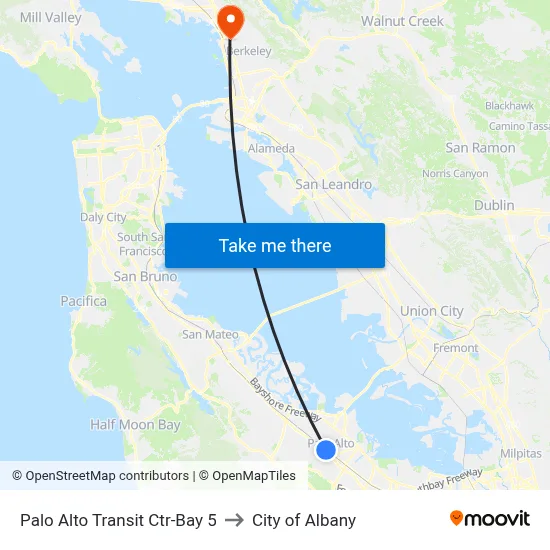 Palo Alto Transit Ctr-Bay 5 to City of Albany map