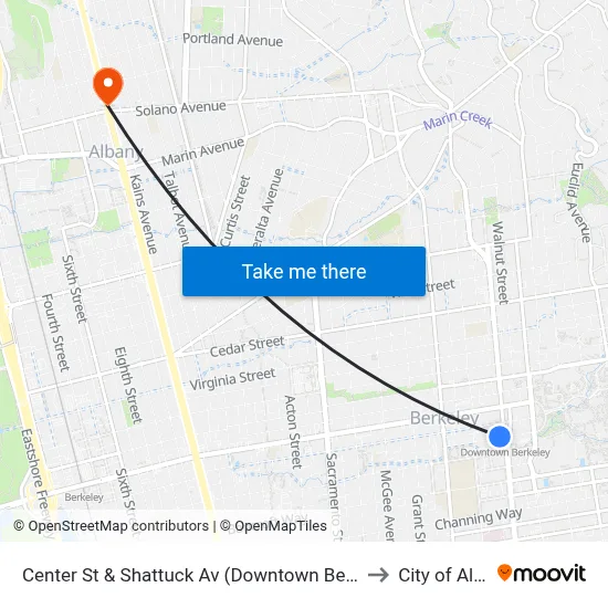 Center St & Shattuck Av (Downtown Berkeley BART) to City of Albany map