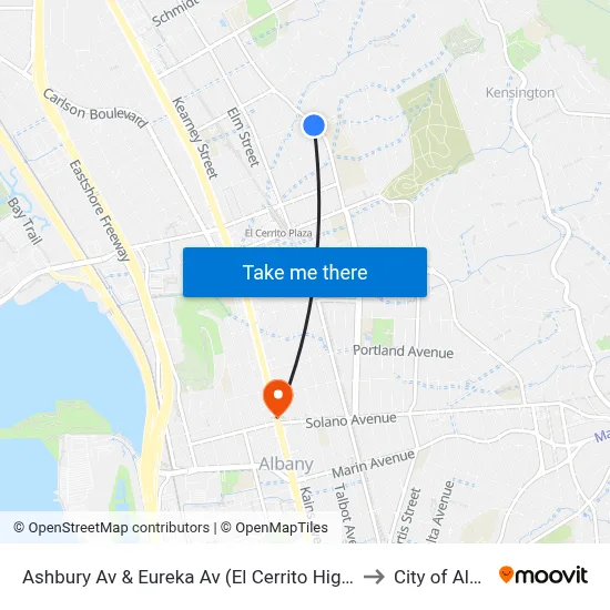 Ashbury Av & Eureka Av (El Cerrito High School) to City of Albany map