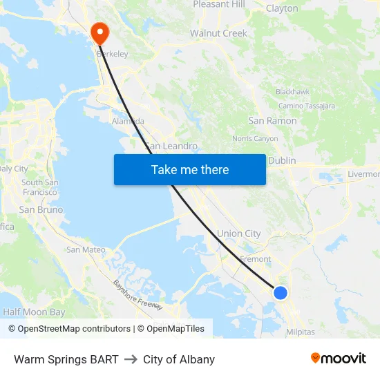 Warm Springs BART to City of Albany map