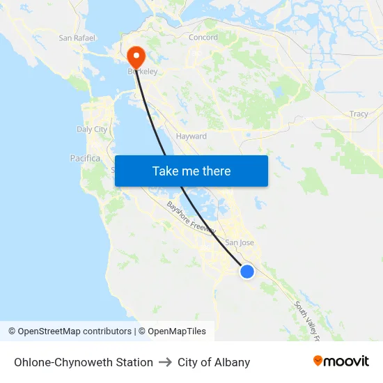 Ohlone-Chynoweth Station to City of Albany map