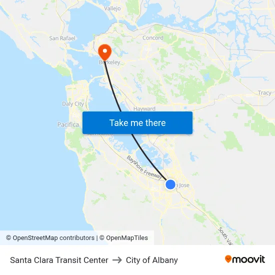 Santa Clara Transit Center to City of Albany map