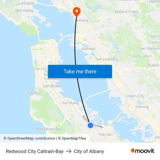 Redwood City Caltrain-Bay to City of Albany map