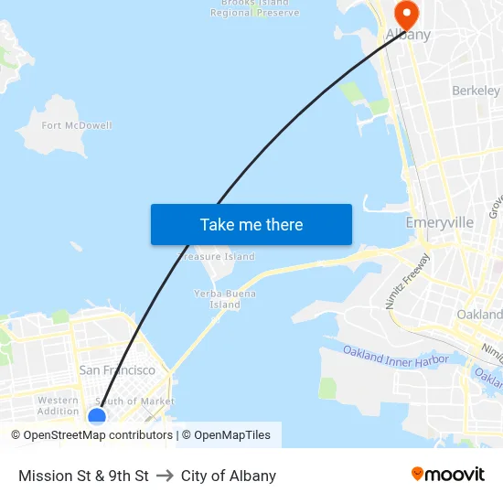 Mission St & 9th St to City of Albany map