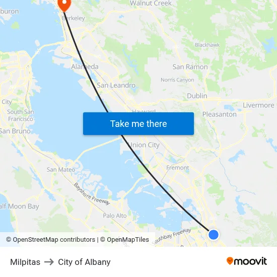 Milpitas to City of Albany map