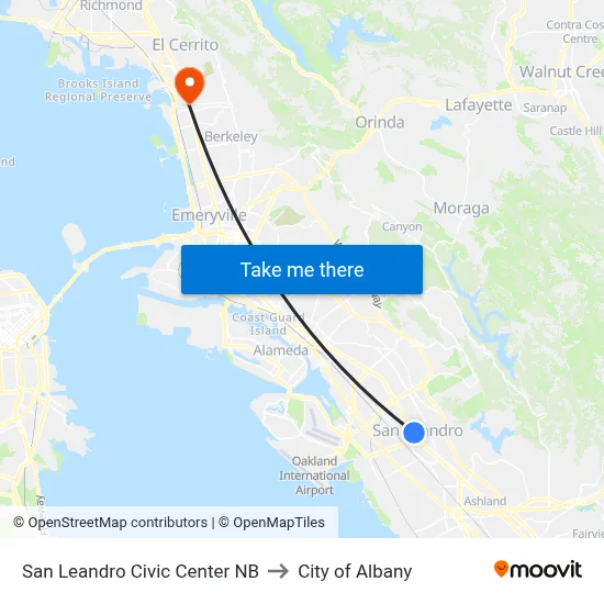 San Leandro Civic Center NB to City of Albany map