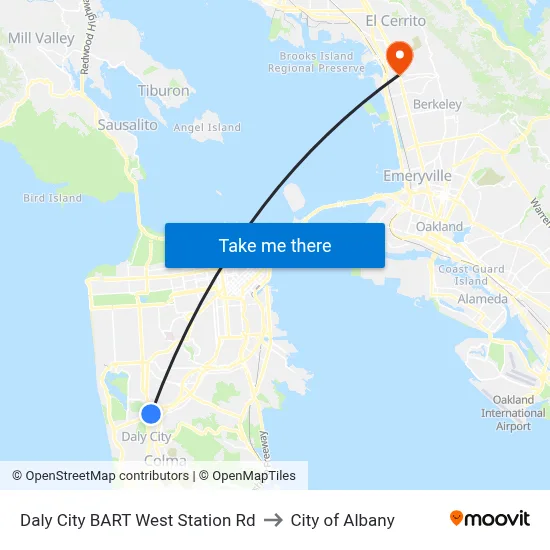 Daly City BART West Station Rd to City of Albany map