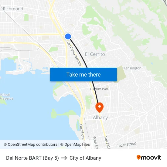 Del Norte BART (Bay 5) to City of Albany map