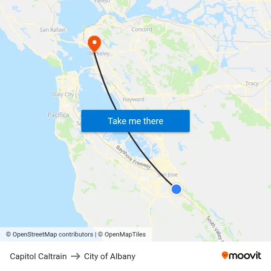 Capitol Caltrain to City of Albany map