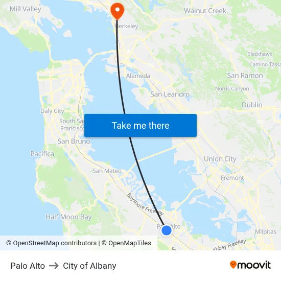Palo Alto to City of Albany map