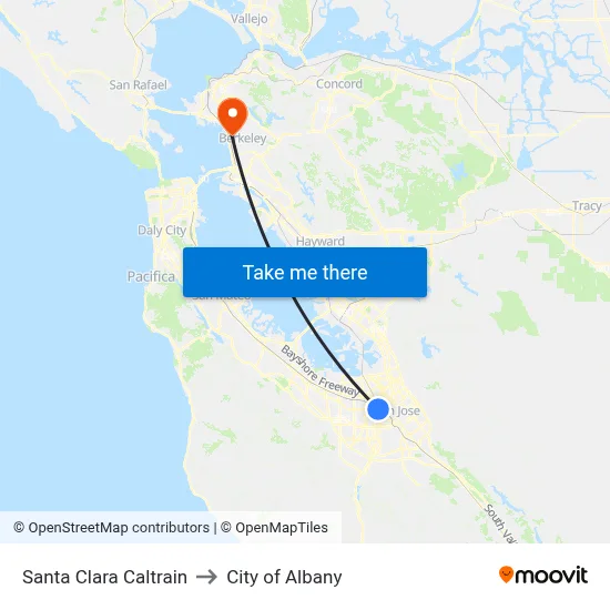 Santa Clara Caltrain to City of Albany map