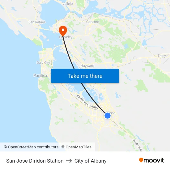 San Jose Diridon Station to City of Albany map
