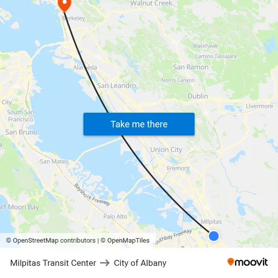 Milpitas Transit Center to City of Albany map