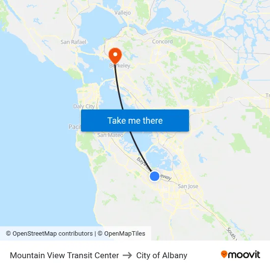 Mountain View Transit Center to City of Albany map
