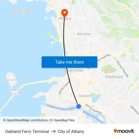 Oakland Ferry Terminal to City of Albany map