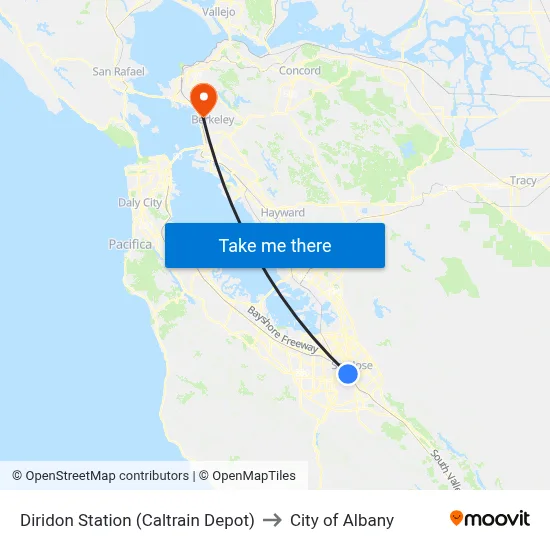 Diridon Station (Caltrain Depot) to City of Albany map