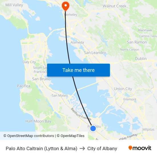 Palo Alto Caltrain (Lytton & Alma) to City of Albany map