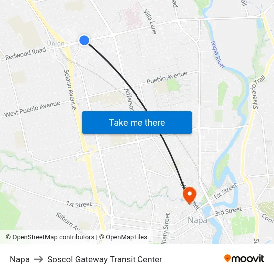 Napa to Soscol Gateway Transit Center map