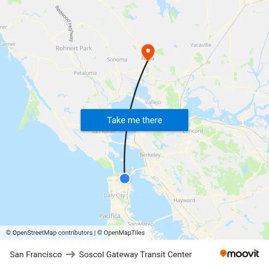 San Francisco to Soscol Gateway Transit Center map