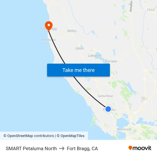 SMART Petaluma North to Fort Bragg, CA map
