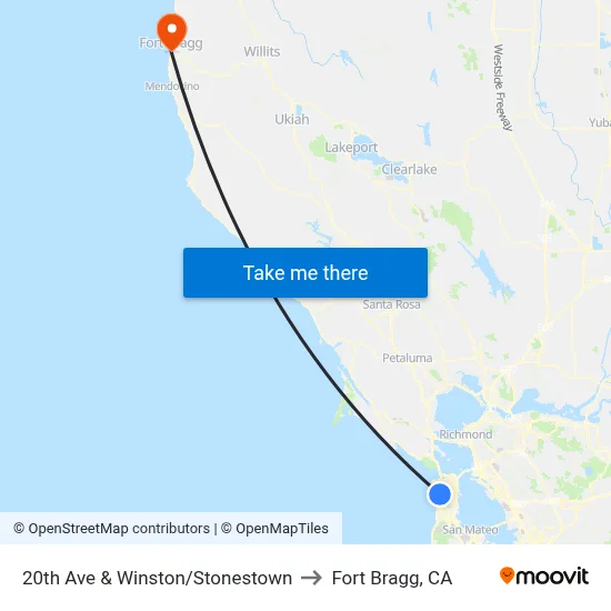 20th Ave & Winston/Stonestown to Fort Bragg, CA map