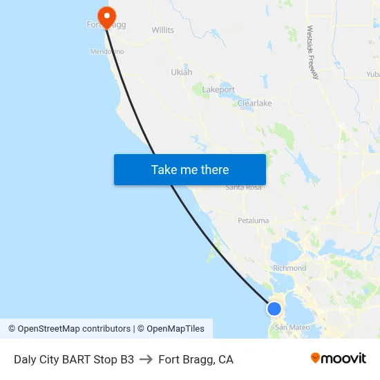 Daly City BART Stop B3 to Fort Bragg, CA map