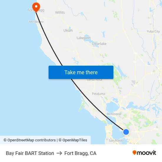 Bay Fair BART Station to Fort Bragg, CA map
