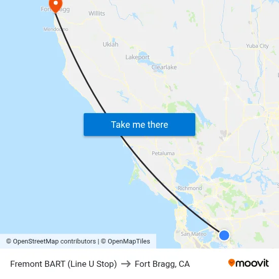Fremont BART (Line U Stop) to Fort Bragg, CA map