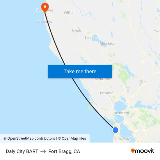 Daly City BART to Fort Bragg, CA map