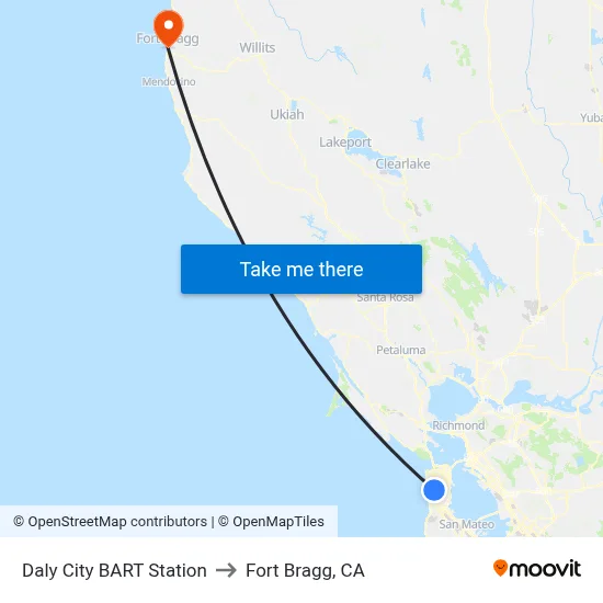 Daly City BART Station to Fort Bragg, CA map