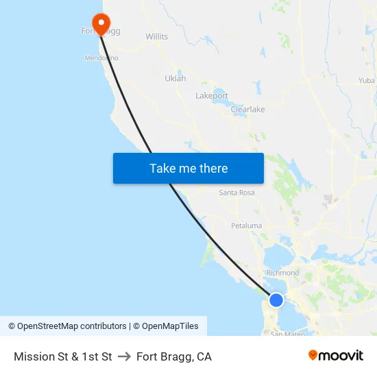 Mission St & 1st St to Fort Bragg, CA map