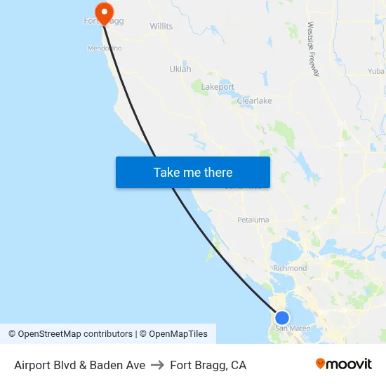Airport Blvd & Baden Ave to Fort Bragg, CA map