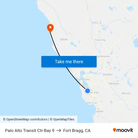 Palo Alto Transit Ctr-Bay 9 to Fort Bragg, CA map