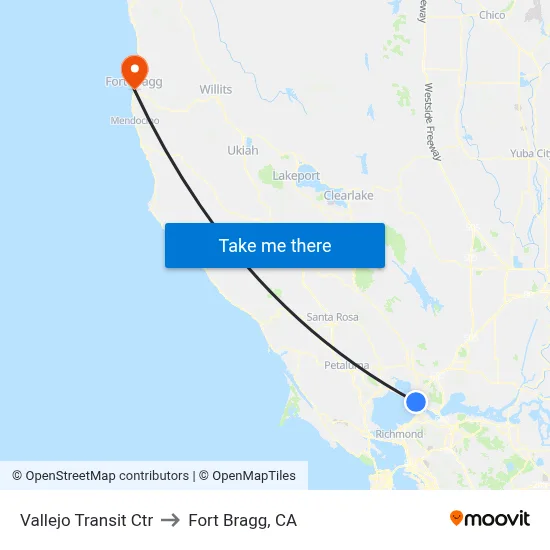 Vallejo Transit Ctr to Fort Bragg, CA map