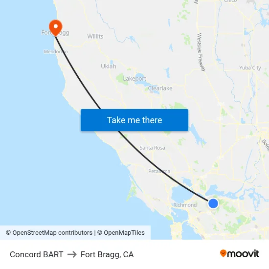 Concord BART to Fort Bragg, CA map