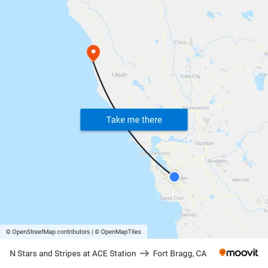 Great America ACE Amtrak Station (N) to Fort Bragg, CA map